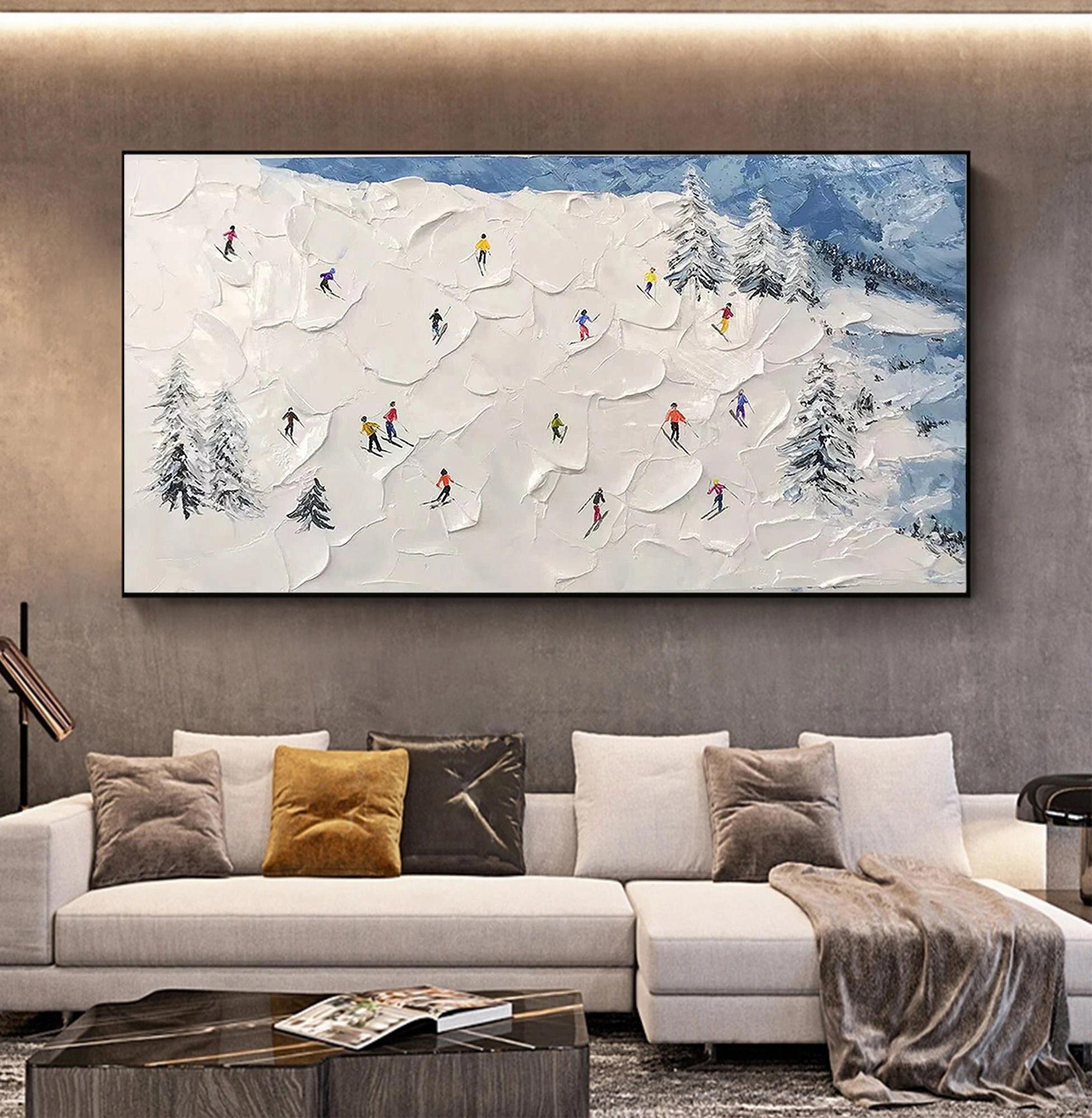 Skifahrer auf Schneebedeckter Berg Schnee von Palettenmesser Wandkunst Minimalismus Ölgemälde